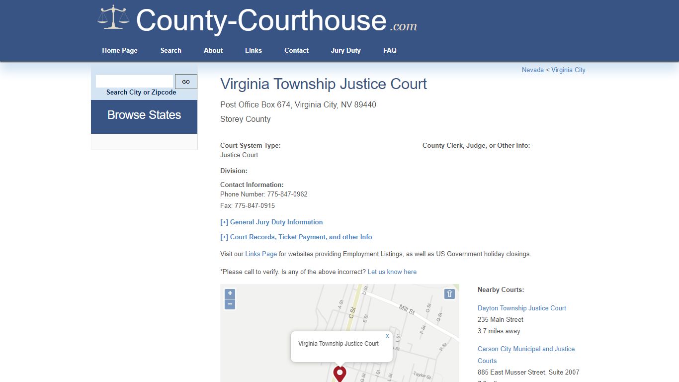 Virginia Township Justice Court in Virginia City, NV - Court Information