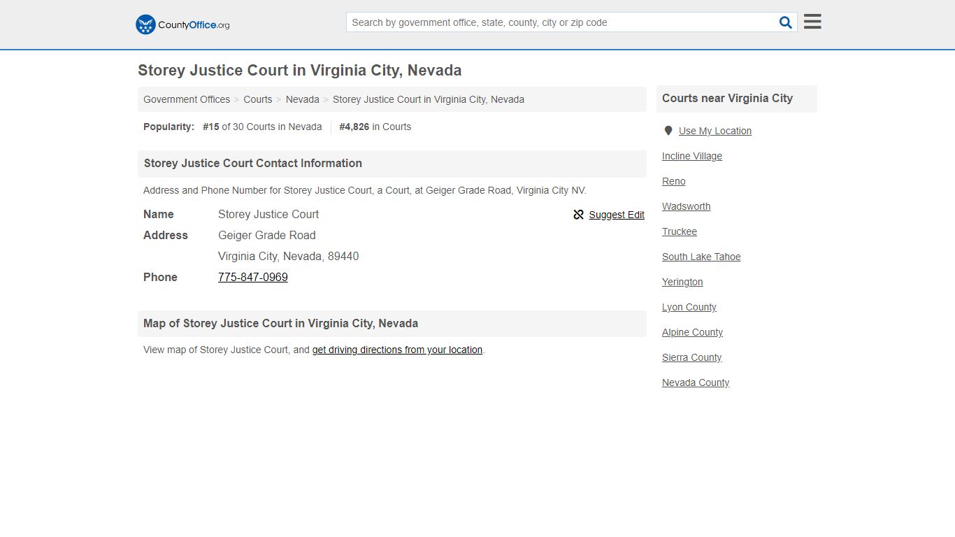 Storey Justice Court - Virginia City, NV (Address and Phone)